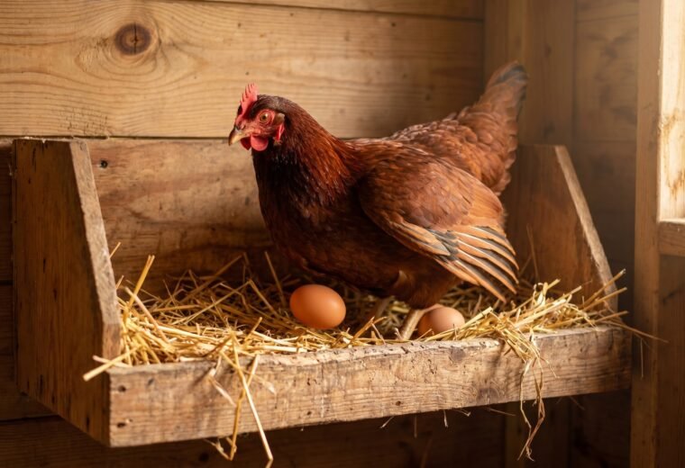 Rhode Island Red hen perched in a wooden nest box with two brown eggs in golden straw