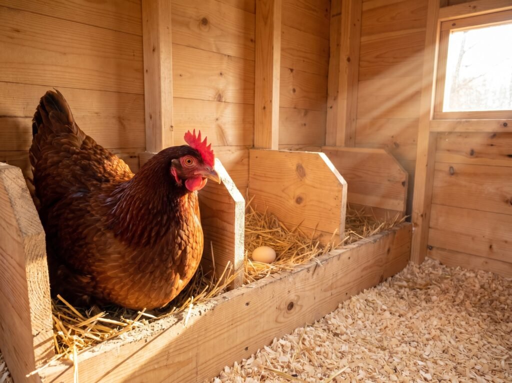 Brown hen settling into a clean wooden nest box inside a small backyard coop