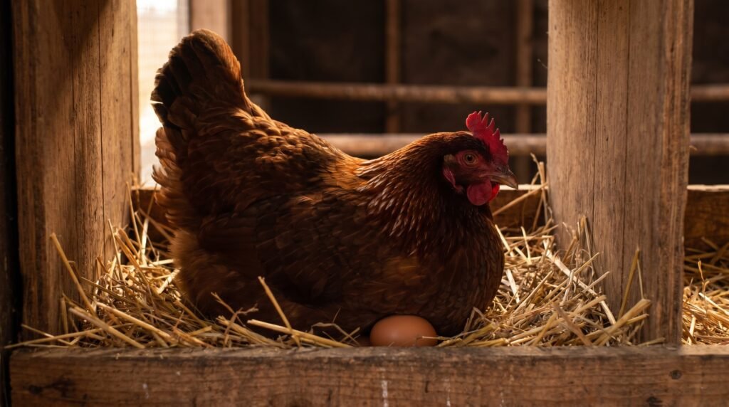 Rhode Island Red hen settled in wooden nest box during laying