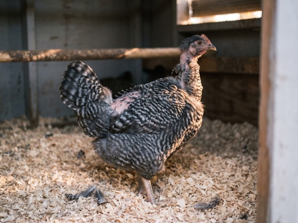 Barred Rock hen mid-molt with pin feathers emerging, showing normal annual feather loss