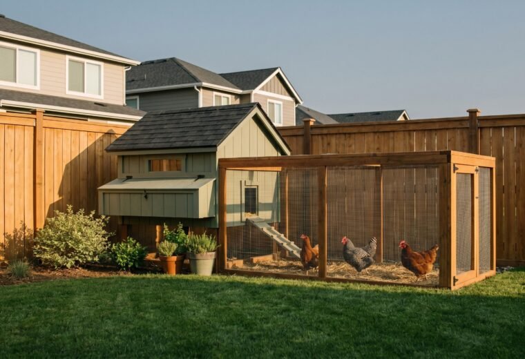 Small backyard chicken coop beside a privacy fence in a suburban HOA neighborhood
