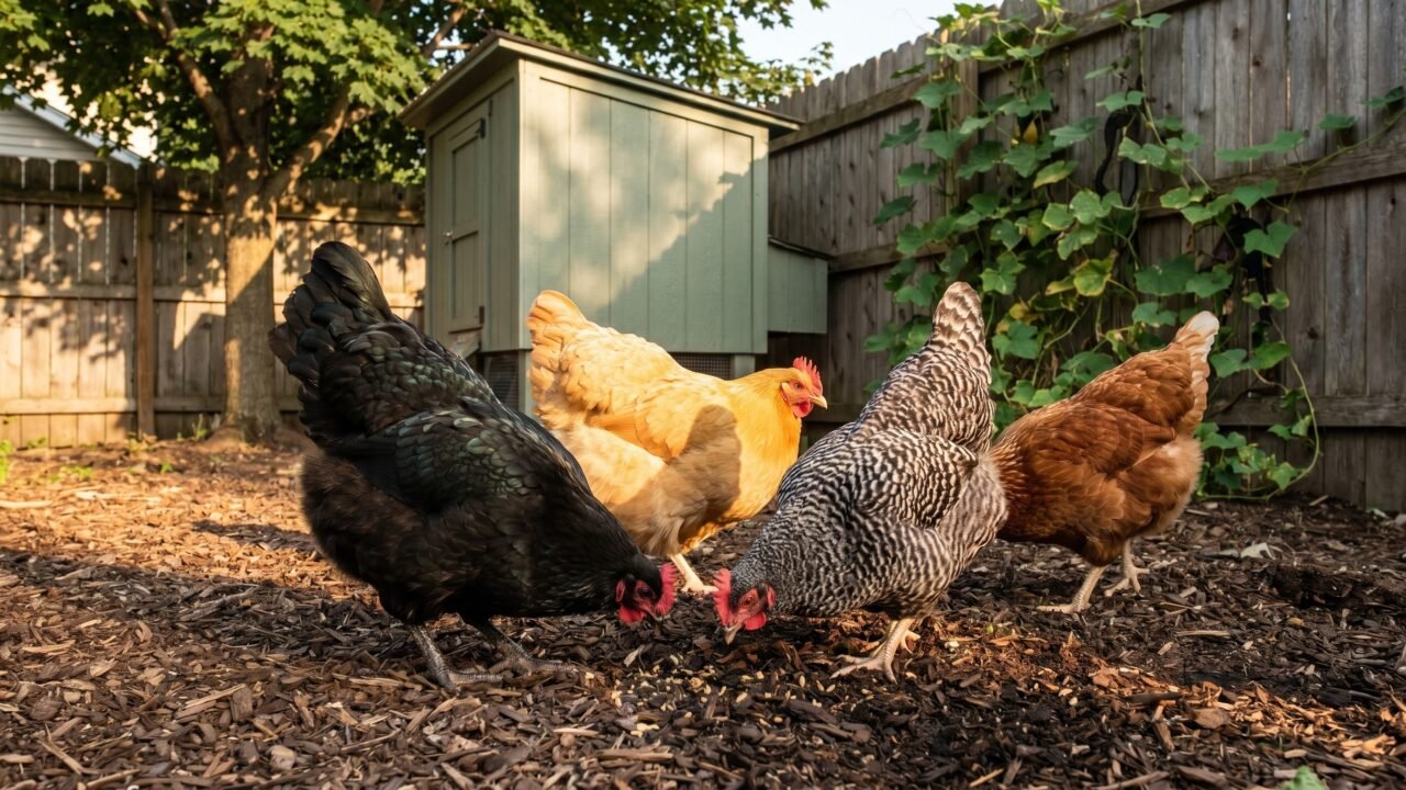 four backyard laying hens foraging in a well-kept suburban yard beside a small coop