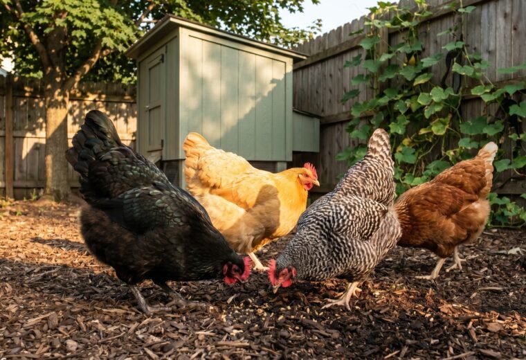 four backyard laying hens foraging in a well-kept suburban yard beside a small coop