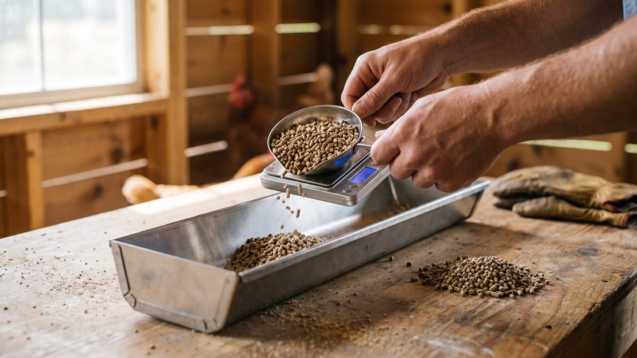 hands weighing layer pellets on a scale into a chicken feeder trough