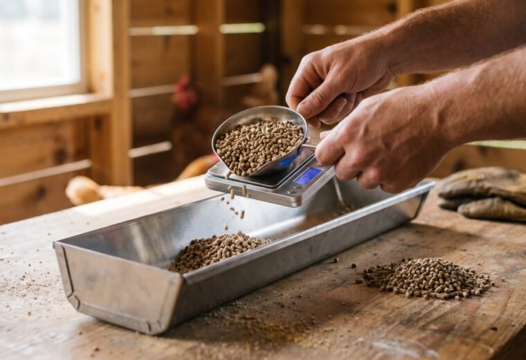 hands weighing layer pellets on a scale into a chicken feeder trough