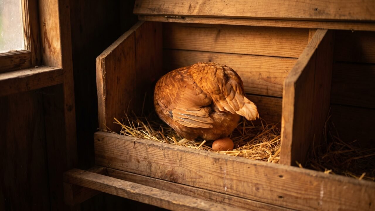 Rhode Island Red hen in nest box with fresh brown egg on straw, early morning