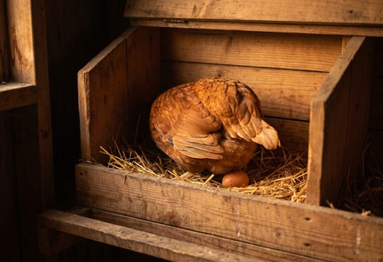 Rhode Island Red hen in nest box with fresh brown egg on straw, early morning