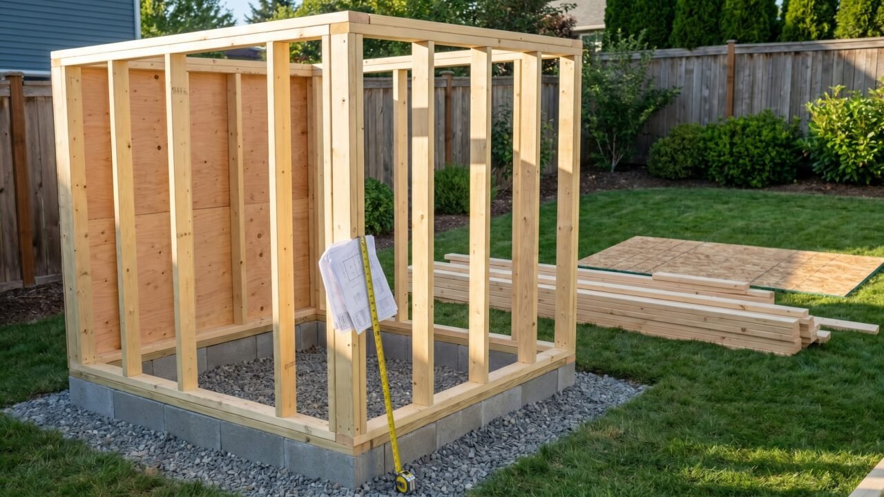 partially framed DIY chicken coop under construction with 2x4 walls and OSB sheathing