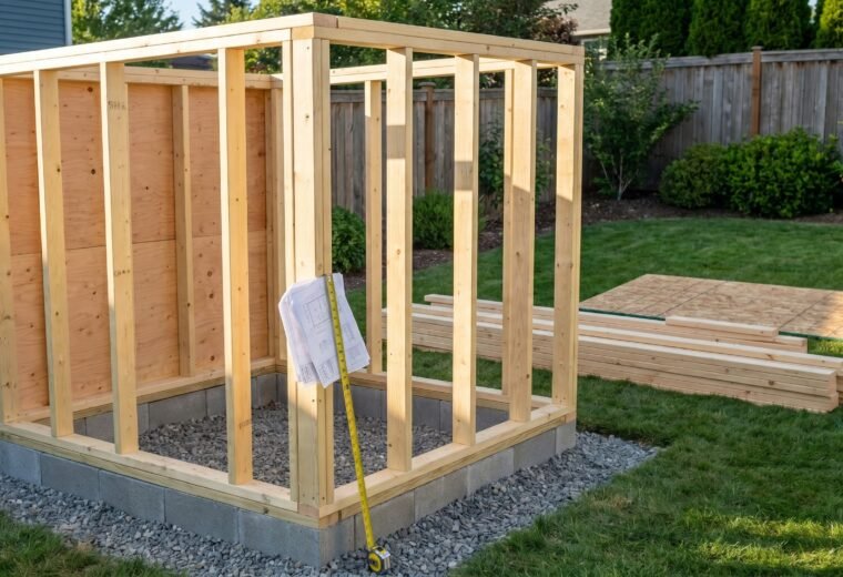 partially framed DIY chicken coop under construction with 2x4 walls and OSB sheathing