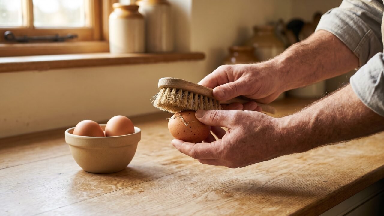 Hands dry-brushing a fresh brown chicken egg to clean it without washing