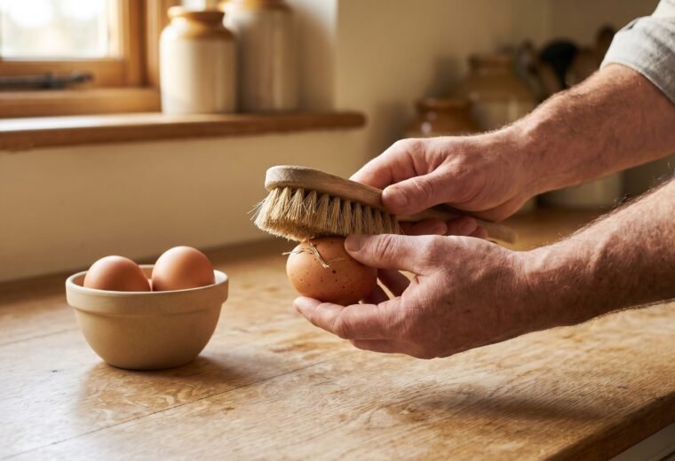 Hands dry-brushing a fresh brown chicken egg to clean it without washing