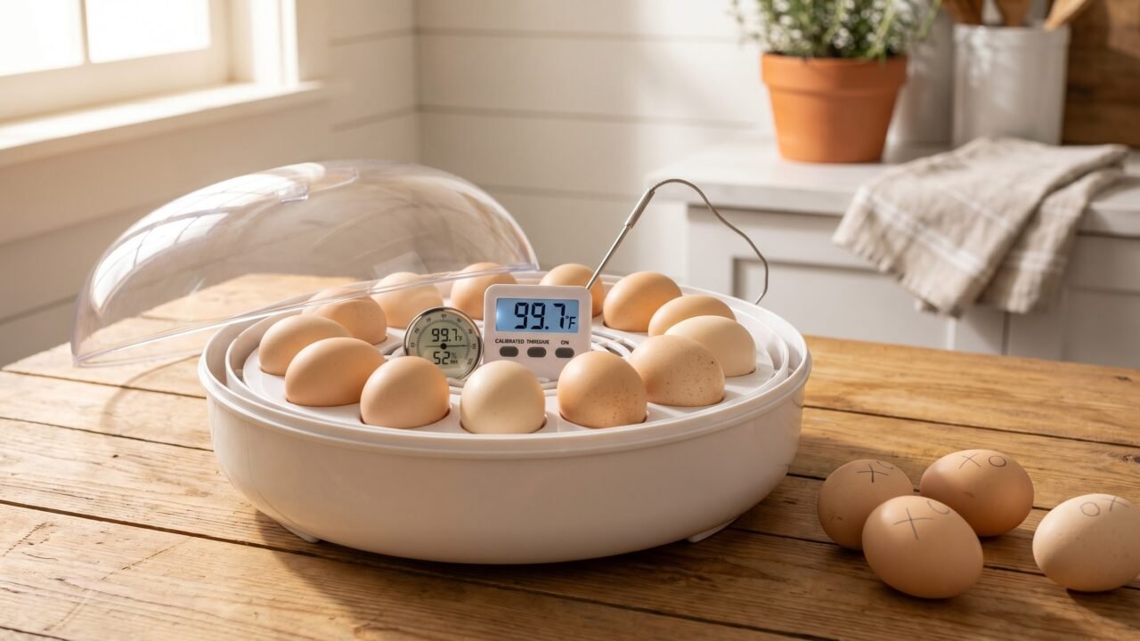 Open egg incubator with chicken eggs and digital thermometer showing 99.7°F on wood table