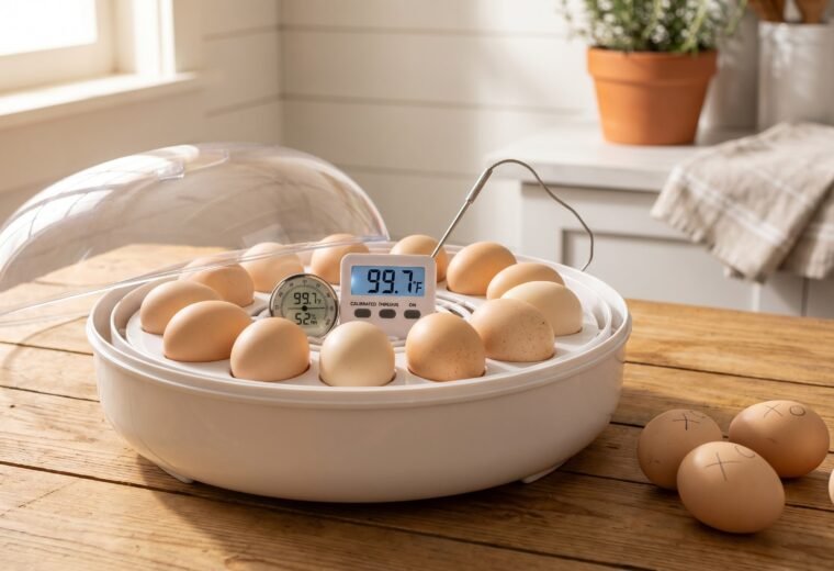 Open egg incubator with chicken eggs and digital thermometer showing 99.7°F on wood table