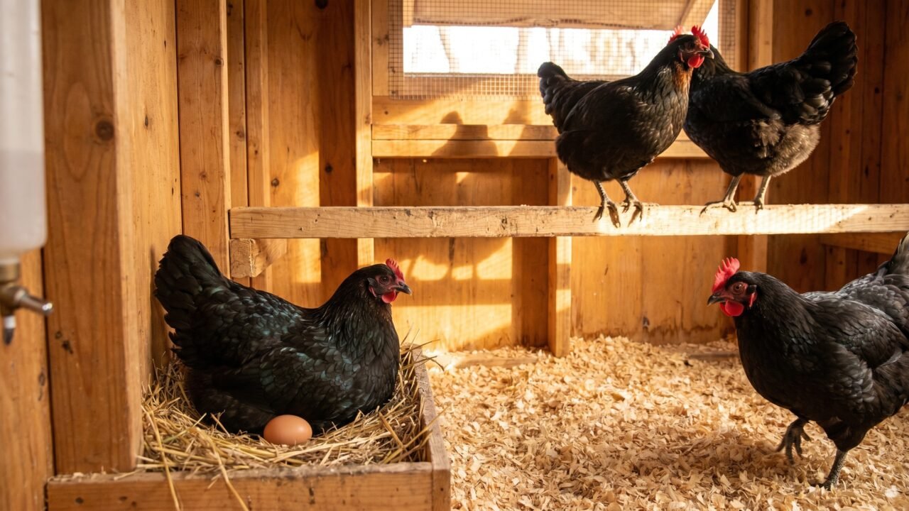 Black Australorp hen settling into a nest box inside a backyard chicken coop
