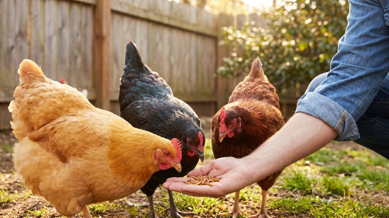 Person's open hand offering mealworms to calm chickens at ground level in a backyard run