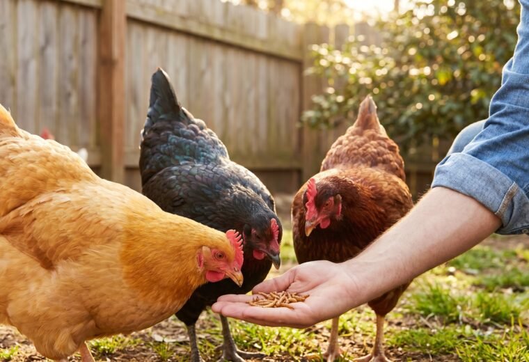 Person's open hand offering mealworms to calm chickens at ground level in a backyard run