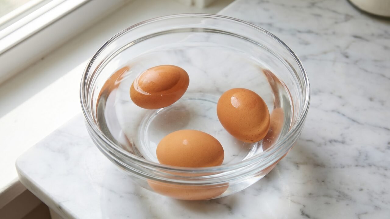Three brown eggs in a clear bowl showing fresh egg sinking and older egg floating