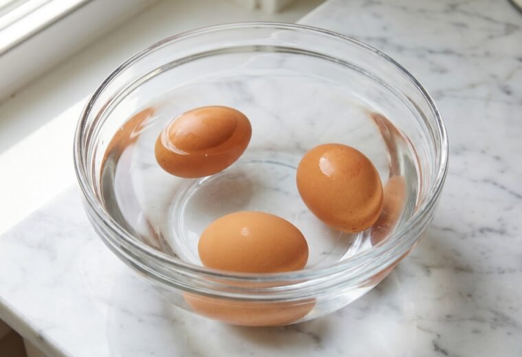 Three brown eggs in a clear bowl showing fresh egg sinking and older egg floating