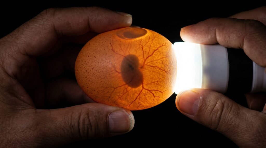 Hands candling a brown chicken egg on day seven, showing veins and embryo inside