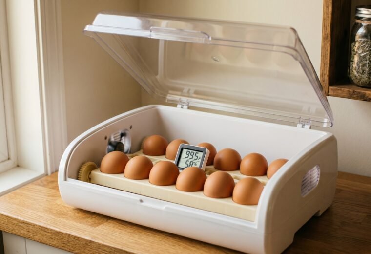 forced-air incubator holding twelve chicken eggs with a digital thermometer showing 99.5°F and 58% humidity
