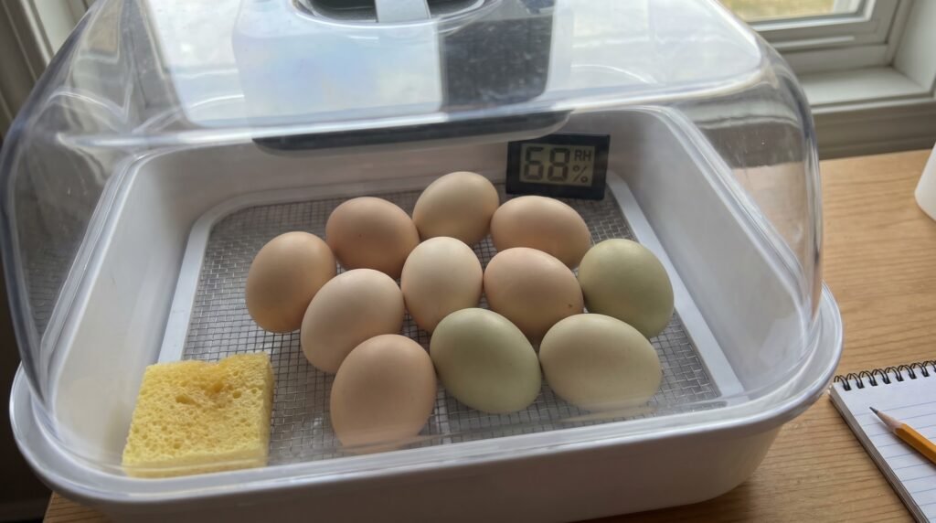 Chicken eggs lying on their sides inside closed incubator on lockdown day 18