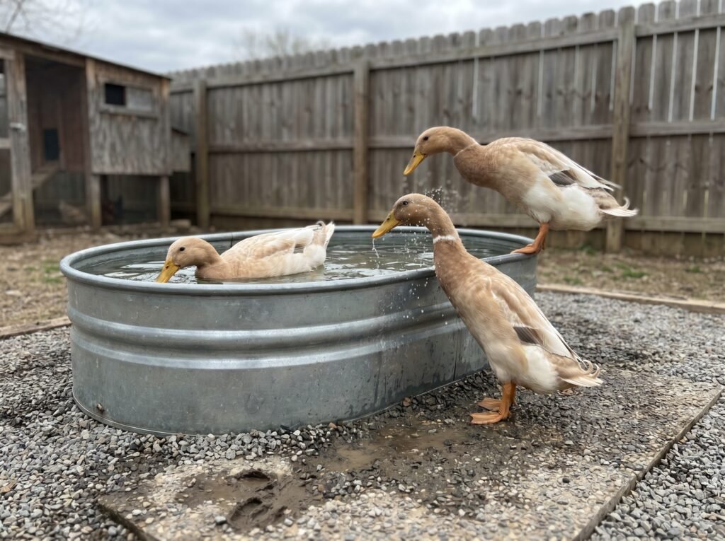 Indian Runner ducks dunking bills in a backyard water tub on a gravel drainage pad