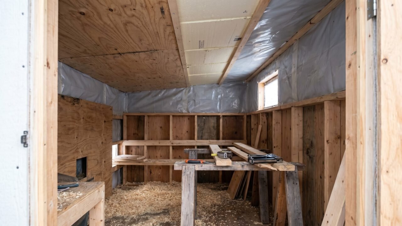 Backyard chicken coop ceiling being insulated with rigid foam and vapor barrier sheeting