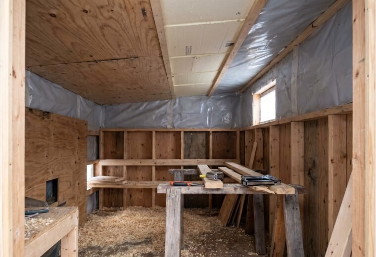 Backyard chicken coop ceiling being insulated with rigid foam and vapor barrier sheeting