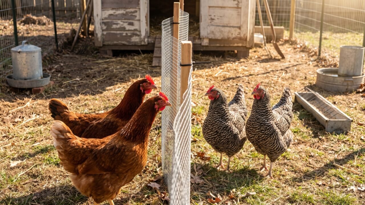 Two new pullets and three established hens observing each other through a wire quarantine divider in a backyard run