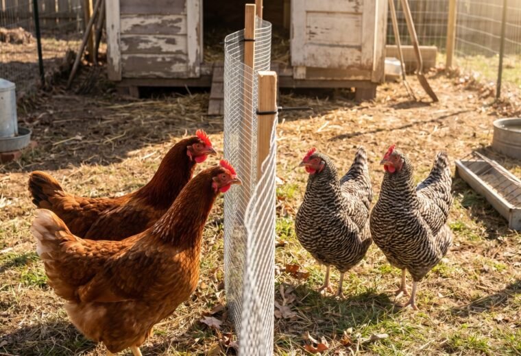 Two new pullets and three established hens observing each other through a wire quarantine divider in a backyard run