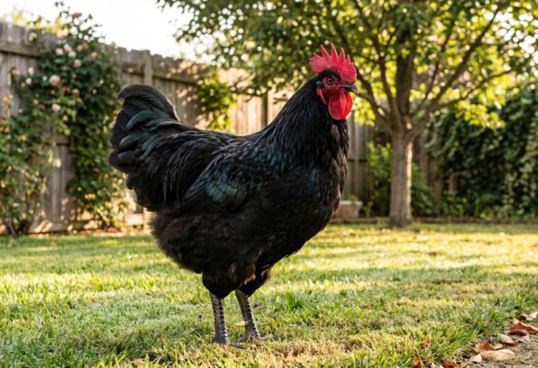 Black Jersey Giant hen with beetle-green feather sheen standing in a backyard garden