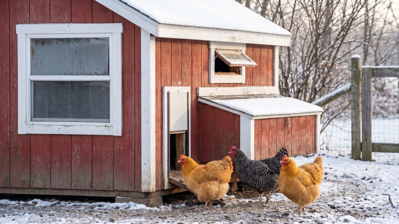 Backyard chicken coop in winter snow with Buff Orpington hens near the pop door