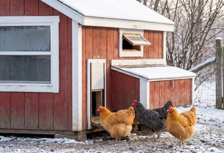 Backyard chicken coop in winter snow with Buff Orpington hens near the pop door