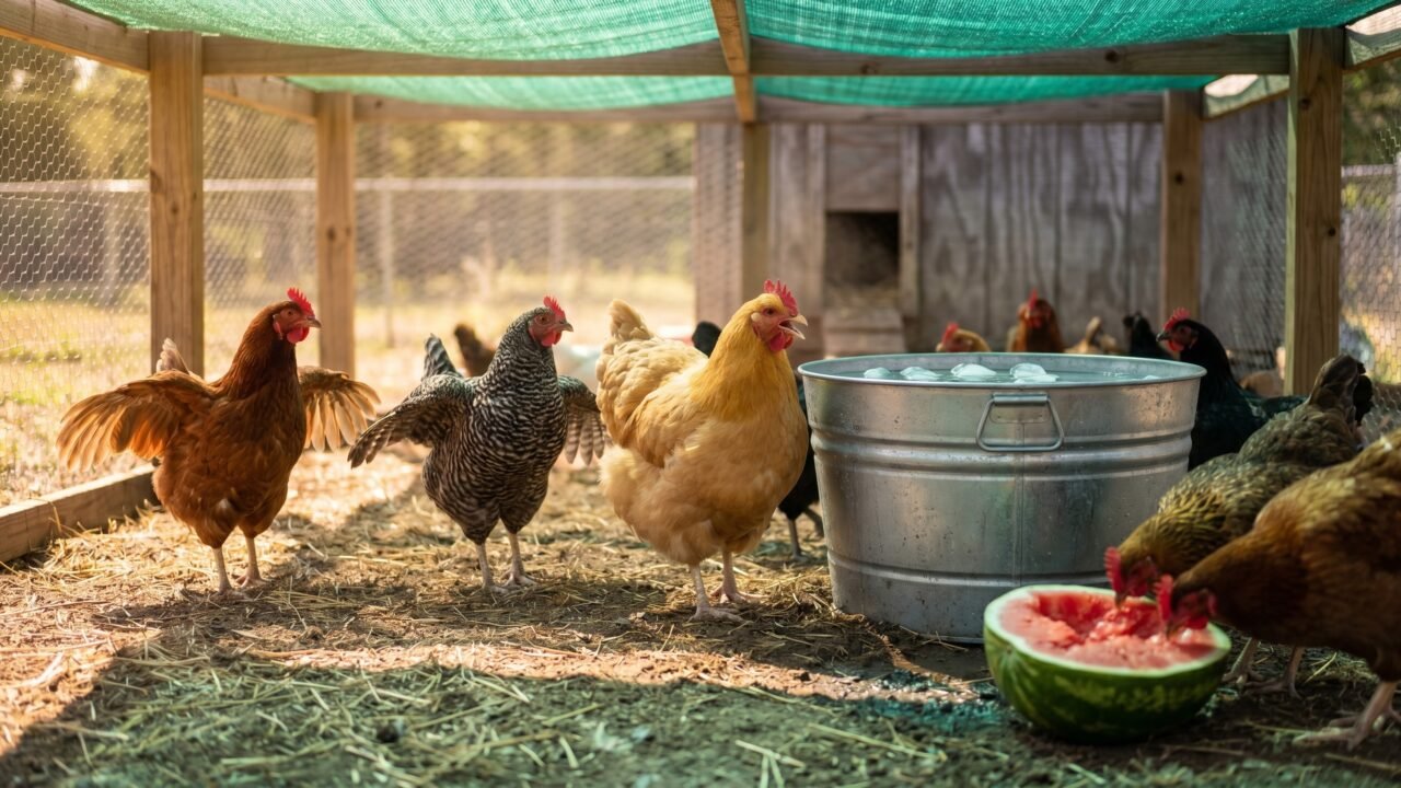 backyard hens seeking shade and drinking iced water on a hot summer day with watermelon treat