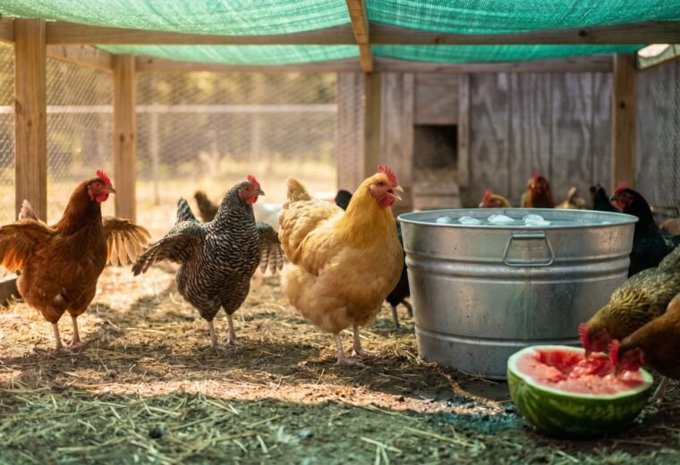 backyard hens seeking shade and drinking iced water on a hot summer day with watermelon treat