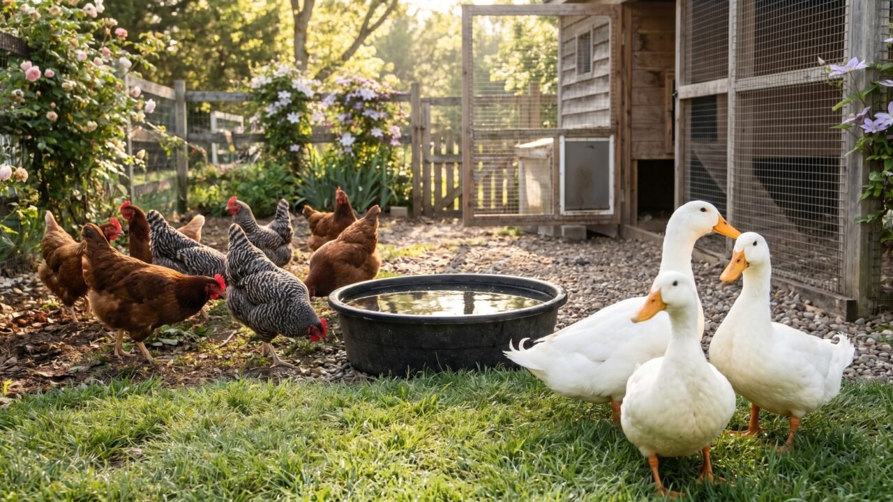 Pekin ducks and backyard chickens sharing a sunny yard near a water pan