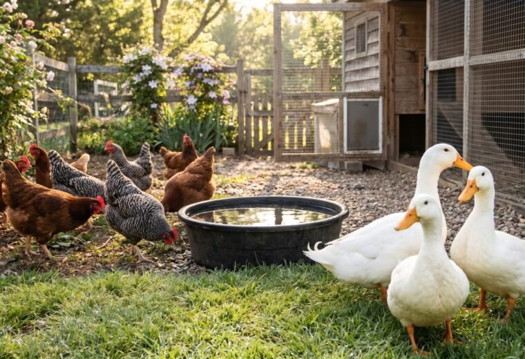 Pekin ducks and backyard chickens sharing a sunny yard near a water pan