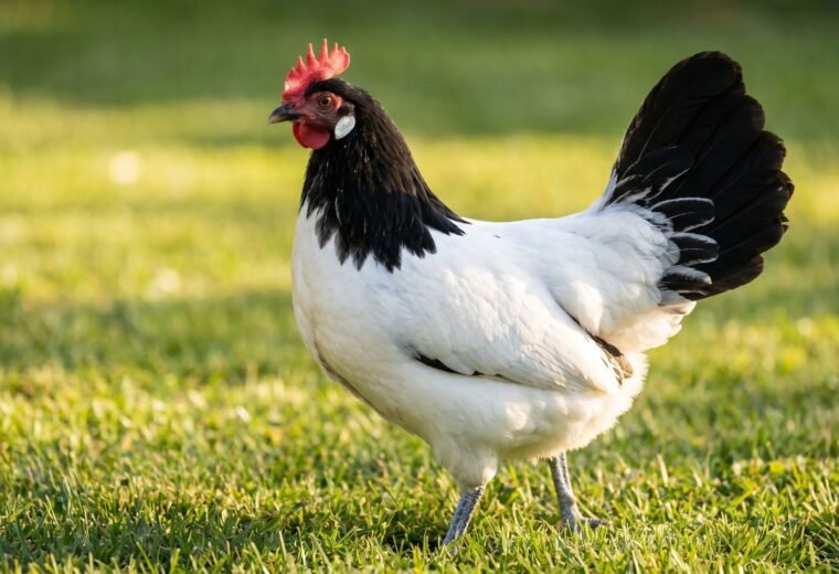 Lakenvelder hen showing black hackle and tail against white body in a sunny backyard