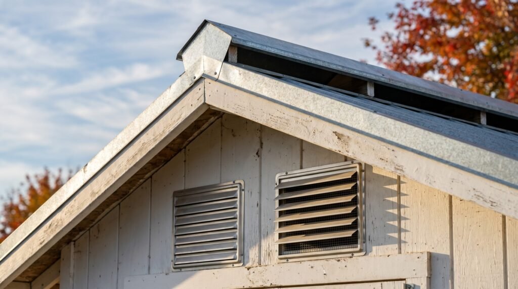 Ridge vent and louvered gable vents on a large backyard chicken coop exterior roofline