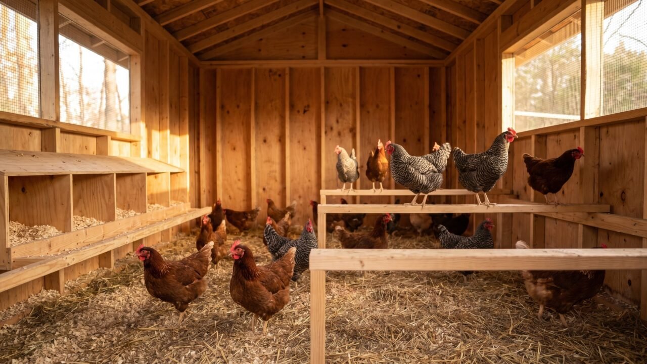 Interior of a large walk-in chicken coop with roost bars and nest boxes for 20 hens