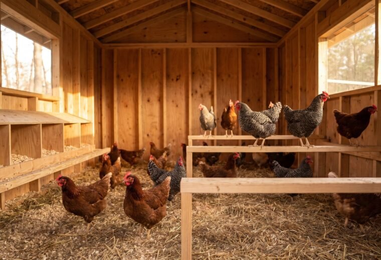 Interior of a large walk-in chicken coop with roost bars and nest boxes for 20 hens
