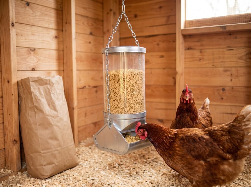 Two Rhode Island Red hens eating from a gravity tube feeder filled with layer pellets