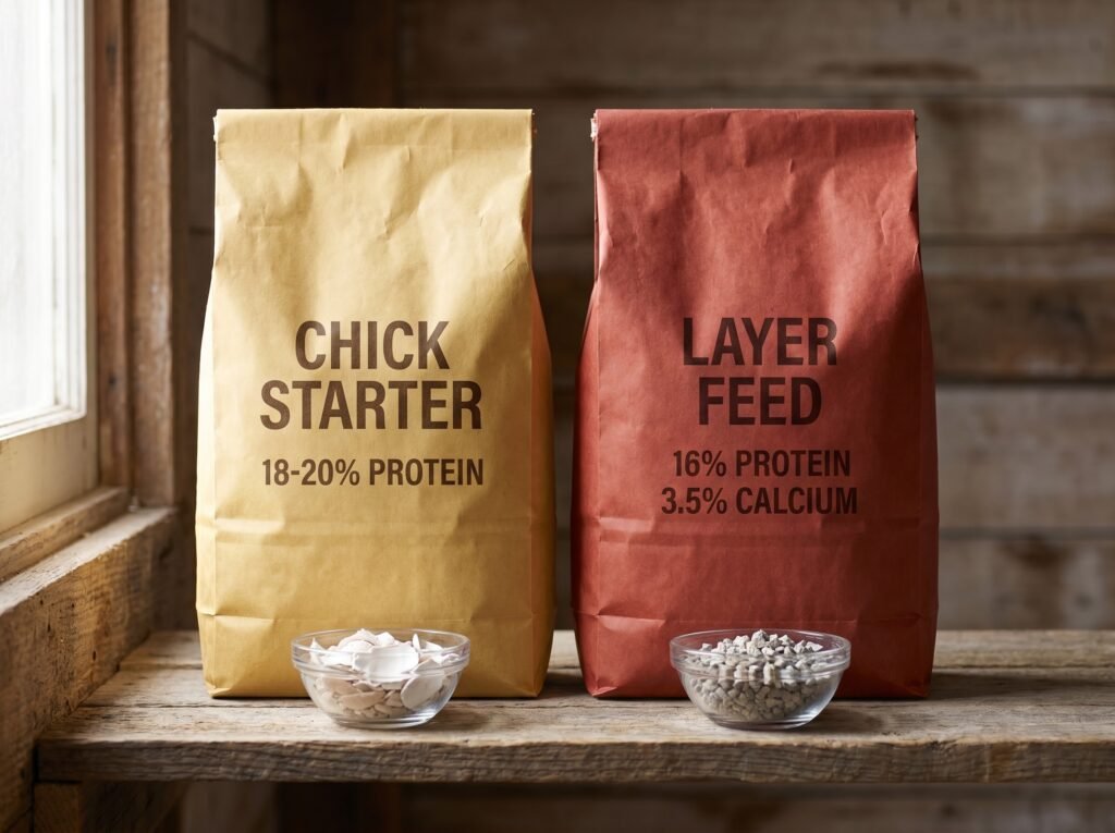 Generic chick starter and layer feed bags beside dishes of oyster shell and granite grit