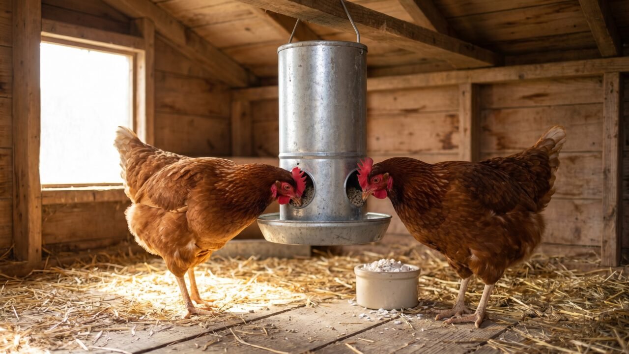 Two laying hens eating layer pellets from a hanging tube feeder inside a coop