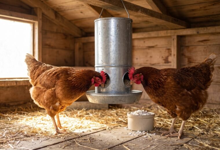Two laying hens eating layer pellets from a hanging tube feeder inside a coop