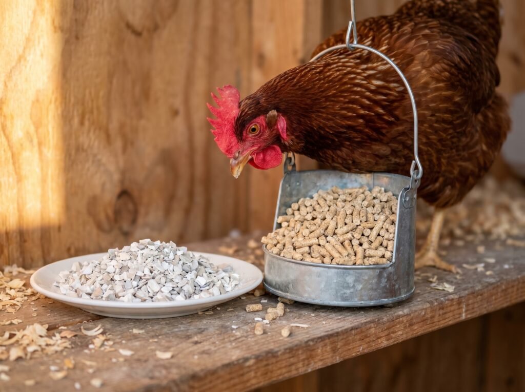 Layer feed pellets and free-choice oyster shell in separate dishes in the coop