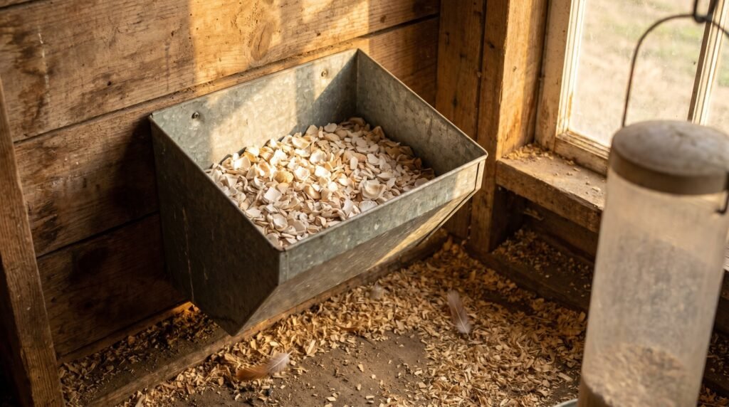 Separate wall-mount hopper of crushed oyster shell inside a chicken coop beside a layer feeder