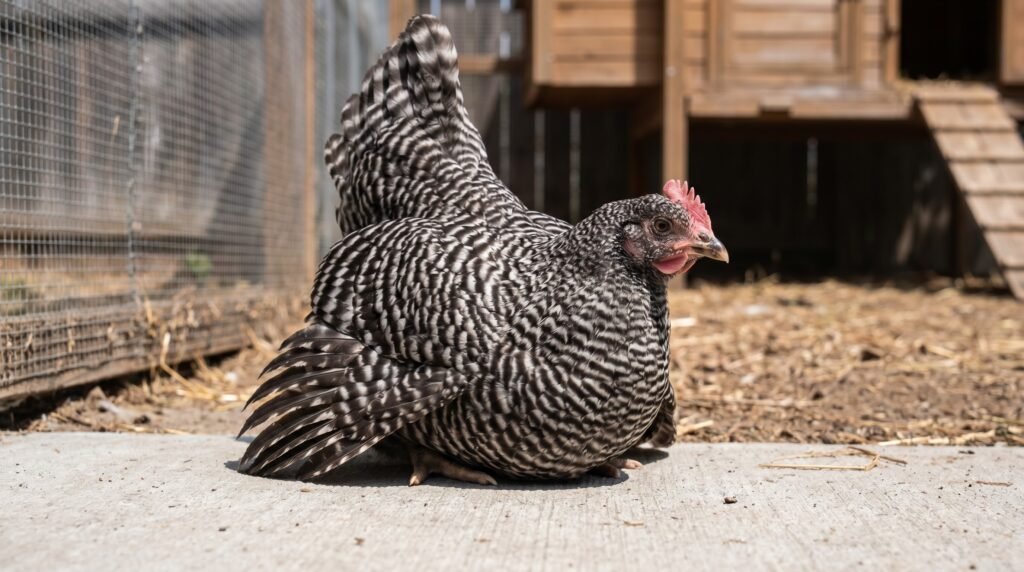 Barred Rock pullet in pre-lay squat posture, a behavioral signal for switching to layer feed