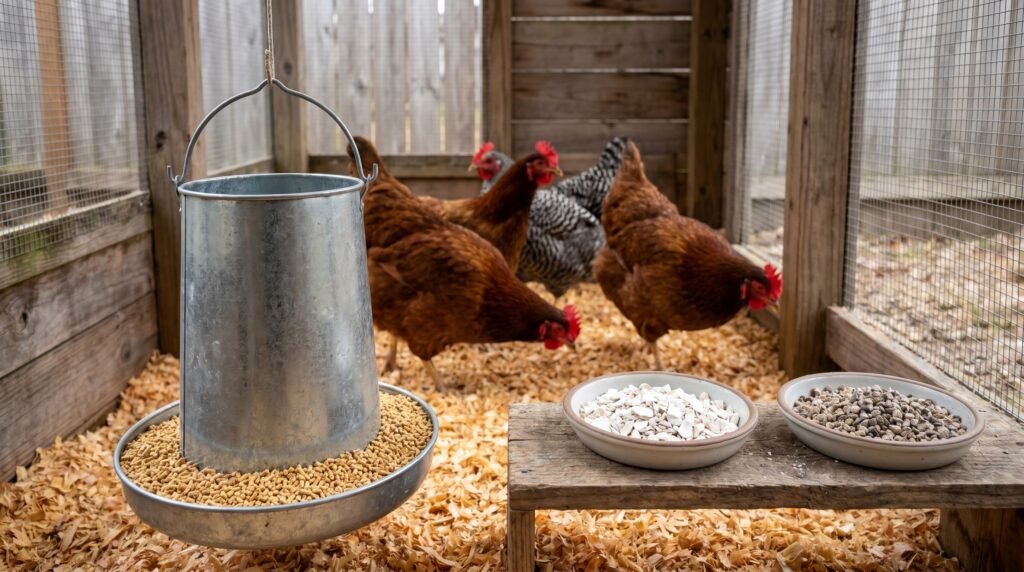 Backyard laying hens near a feeder with separate oyster shell and grit supplement dishes