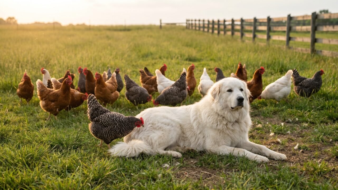 Great Pyrenees livestock guardian dog resting calmly beside a free-ranging backyard chicken flock